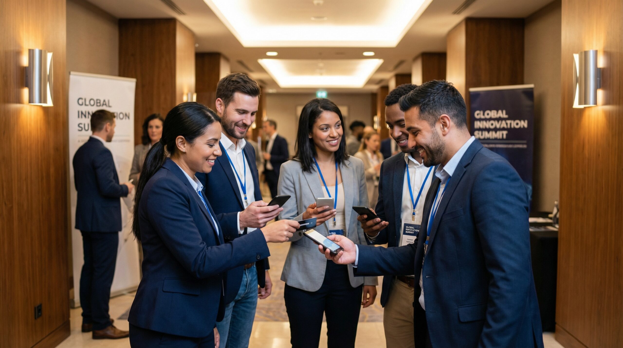 Professionals at a conference sharing contact info via NFC cards and phones