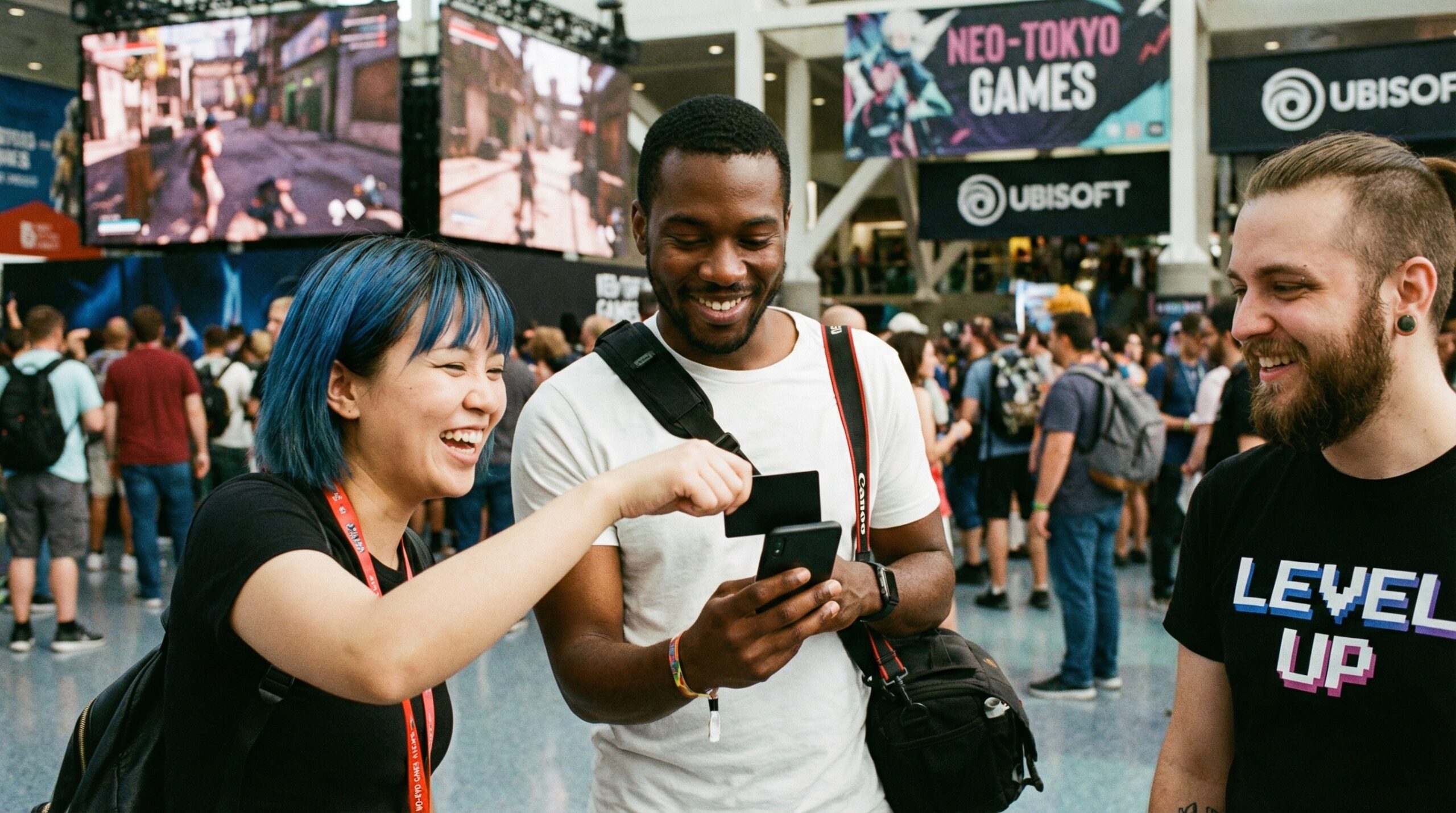 Three gamers at a convention sharing contact info via NFC cards